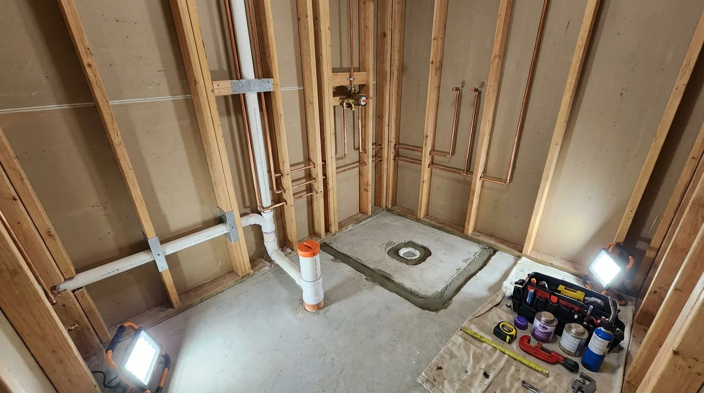 Bathroom rough-in plumbing during remodel by Johns Plumbing LLC in Edgar