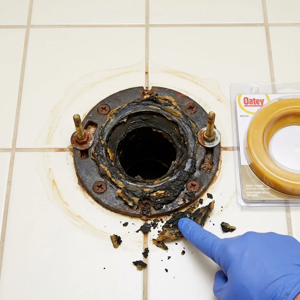Failed wax ring showing water seepage at the base of a toilet in a Edgar, WI home