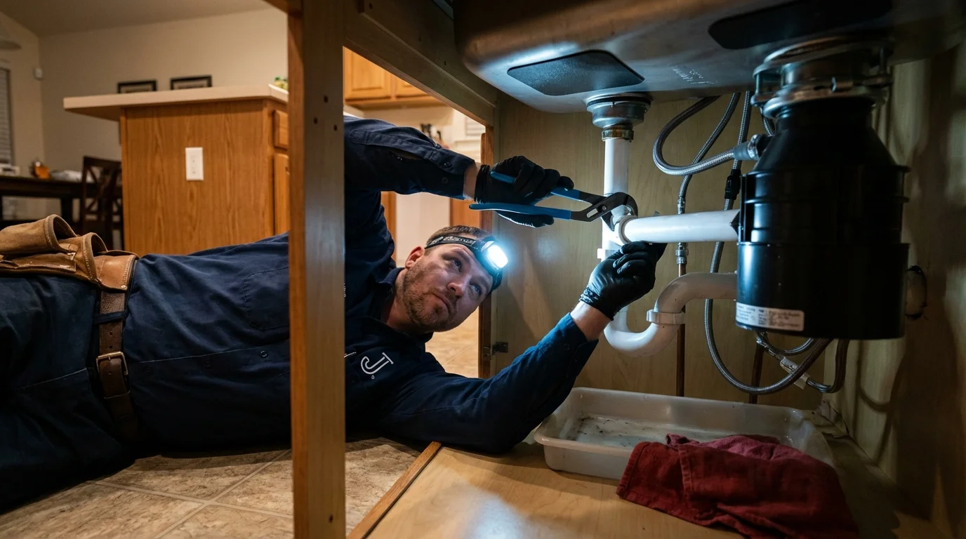 P-trap and supply line connections under a kitchen sink showing a common leak point in Edgar, WI